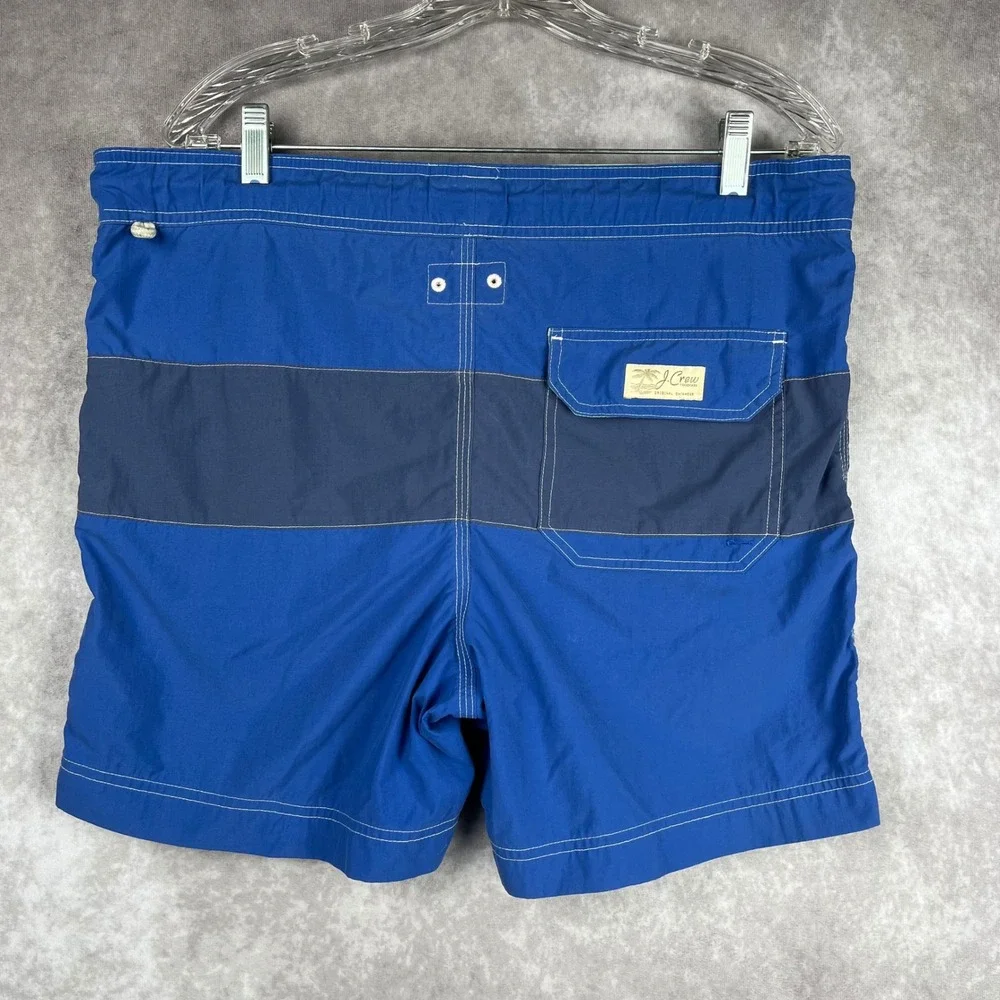 Vtg J. Crew Swimwear Mens M Blue Color Block Drawstring Lined Swim Trunks Shorts